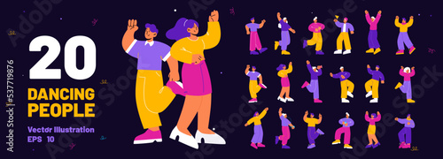Dancing people set. Happy characters in different poses, excited men and women have fun, joy and dance isolated on black background, vector flat illustration