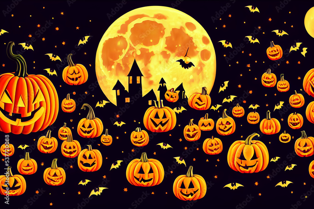 Halloween illustration with Jack o lantern scary Pumpkins under the moon, bats and a black castle 