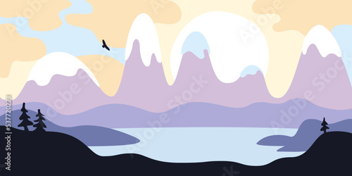 Landscape with mountains and lake at sunset in vector flat style