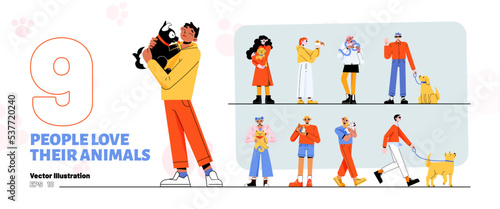 People love their pets set. Pet owners hold domestic and exotic animals. Diverse happy characters with cute cat, dog, rabbit, tortoise, snake and hamster, vector flat illustration