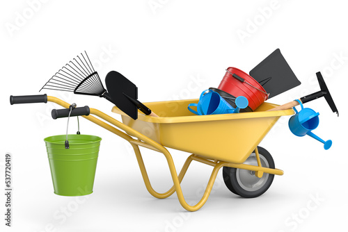 Fototapeta Garden wheelbarrow with garden tools like shovel, watering can and fork on white
