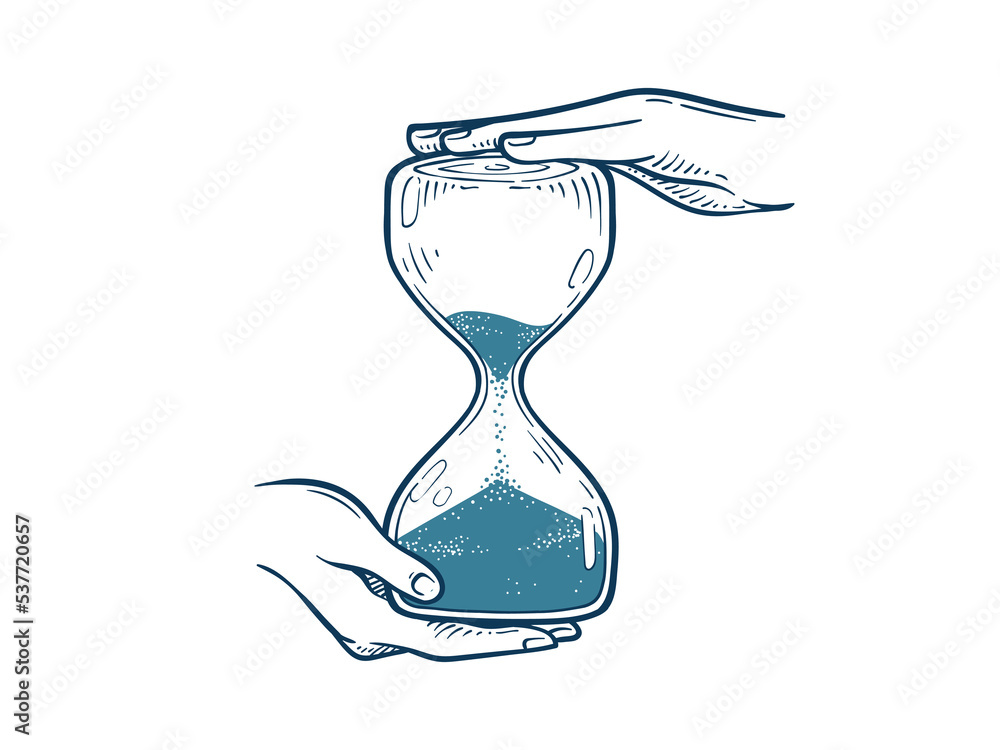 Hands holding hourglass sketch illustration sand glass timer drawing