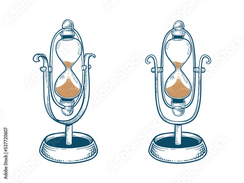 Hand drawn illustration of hourglass vintage style timer sketch drawing vector