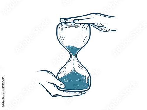 Hands holding hourglass sketch illustration sand glass timer drawing vector