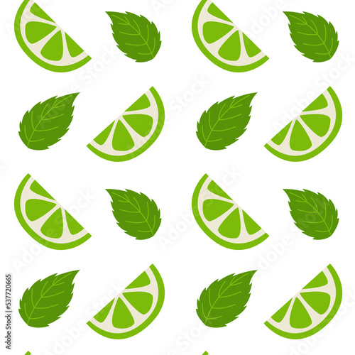 Vector seamless pattern with lime wedges and mint leaves. Fresh fruits and greens wallpaper.