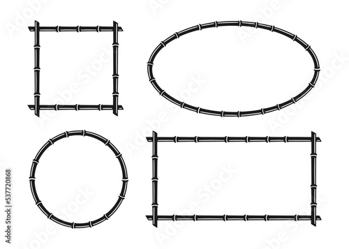 Bamboo trunk circle and rectangle frames. Natural oval and square text box. Bamboo branch border. Blank frame template. Vector illustration isolated in flat style on white background.
