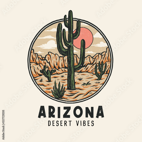 Arizona desert vibes graphic design, hand drawn line style with digital color, vector illustration