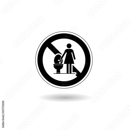 Do Not Throw Trash and Paper in Toilet icon logo with shadow