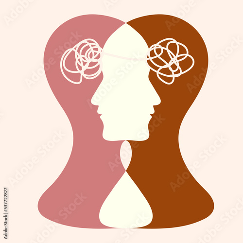 Metaphor bipolar disorder mind mental. Double face. Split personality. Concept mood disorder. 2 Head silhouette.Psychology. Mental health. Dual personality concept. Tangle and untangle.