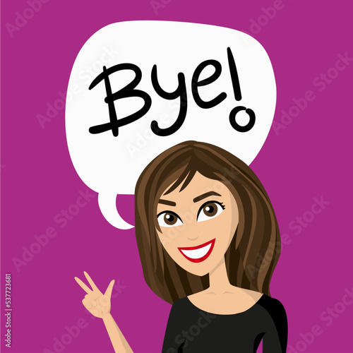 Illustration of a girl with a speech bubble with the word Bye