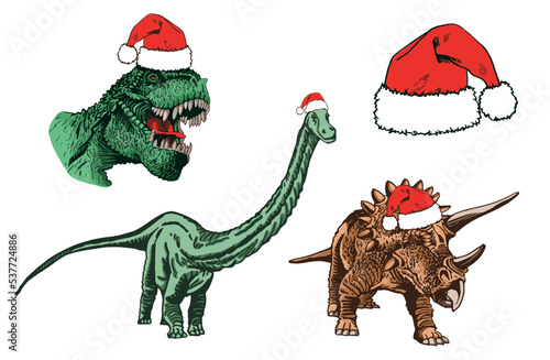 Vector set of color dinosaurs in Santa Claus red hats isolated on white background, dino collection