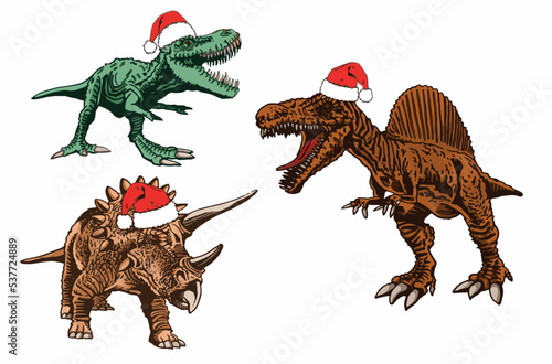 Vector set of color dinosaurs in Santa Claus red hats isolated on white background, dino collection