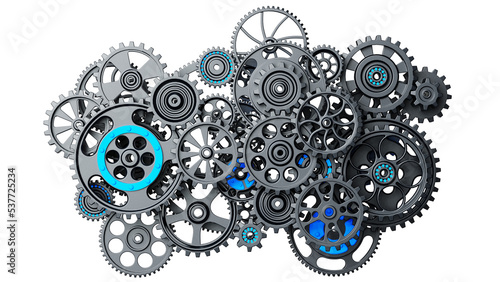 Mechanism black-blue metallic gears and cogs at work on white background under spot light background. Industrial machinery. 3D illustration. 3D high quality rendering. 3D CG. PNG file format.