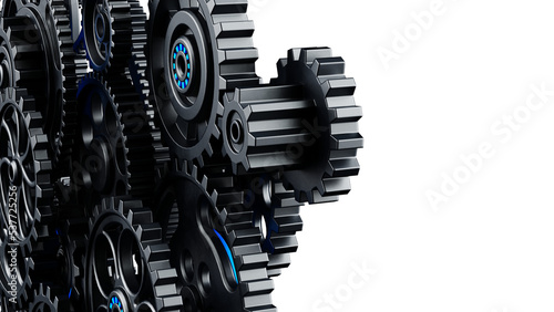 Fotografia Mechanism black-blue metallic gears and cogs at work on white background under spot light background