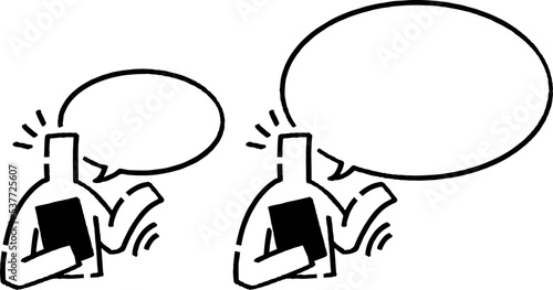 書類を手に説明をする棒人間。丸い吹き出し。