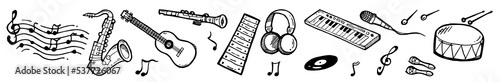 Musical instruments and music for playing live music. Set of objects. Outline hand drawn sketch. Drawing with ink. Isolated on white background. Vector.