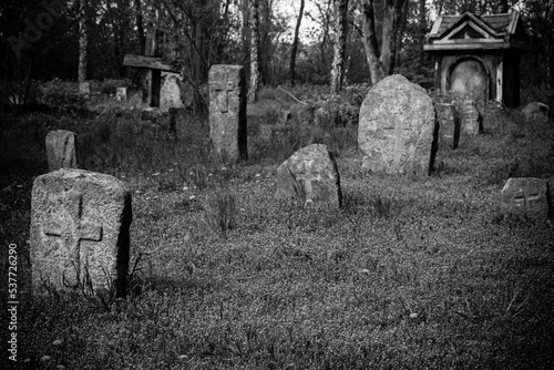Obraz na płótnie Old stone gravestones in the old abandoned cemetery