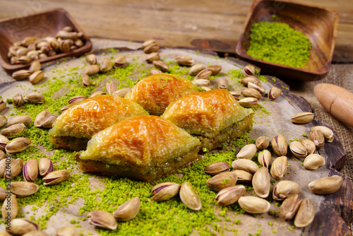 Baklava on the tray, baklava on the plate, pistachio baklava, Gaziantep baklava