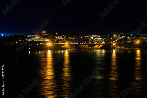 View of Naama Bay in Sharm El Sheikh, Egypt at night. View from above