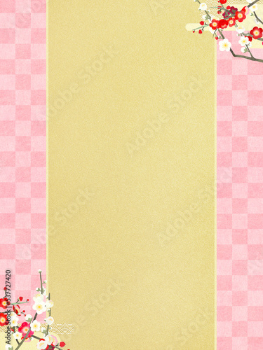 Oriental background material combining red and white plum and traditional patterns_pink and gold