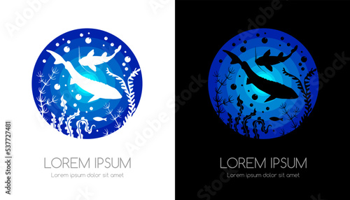 Freshwater life emblem. Seaweeds, beluga, catfish and bubbles.  Underwater  sign for oceanarium, aquarium or fishing company.
