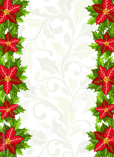 Christmas background with red poinsettia and holly leaves decoration elements. Vertical banner with border and ornamental copy space