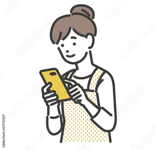 スマホを操作する主婦のベクターイラスト素材／ポイ活／予約／アプリ