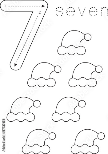 Flashcard number seven. Preschool worksheet. Christmas caps.