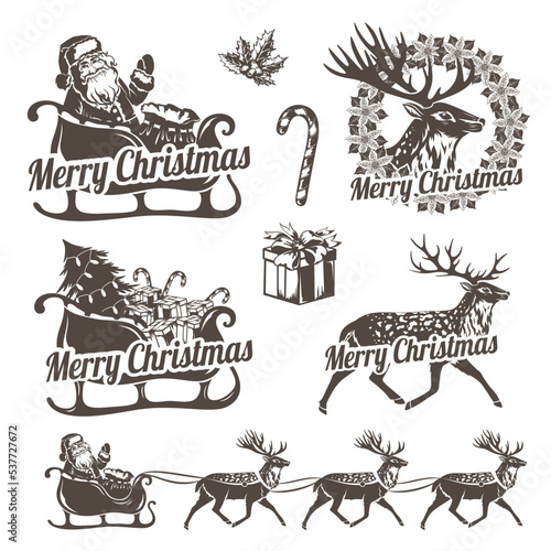 Christmas decorations in stencil style. Holiday labels for your design. Santa Claus, reindeer, christmas tree and gifts.