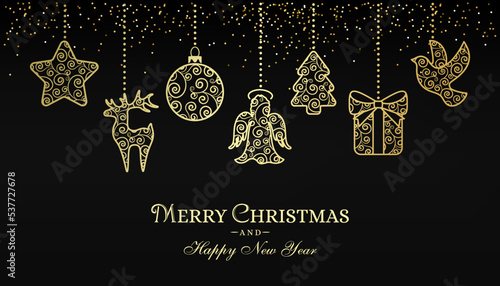 Christmas golden ornaments. Winter holiday garland with decoration elements. Ball, gift, deer, dove, star, fire and angle.