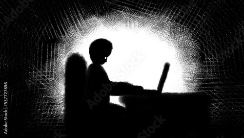 Silhouette of a man typing with his laptop on his desk. Digital art style. illustration painting.