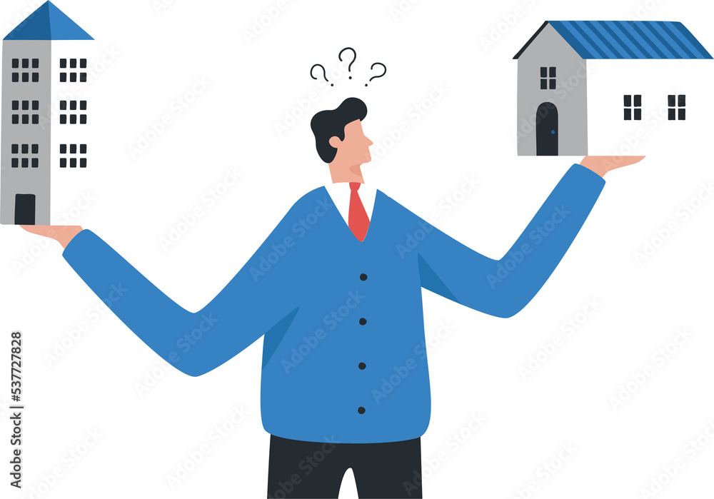 Housing investment concept. Choosing to invest in a house or condo. Find investment opportunities or create the highest return from real estate business. Housing investment concept. Choosing to invest in a house or condo. Find investment opportunities or create the highest return from real estate business.