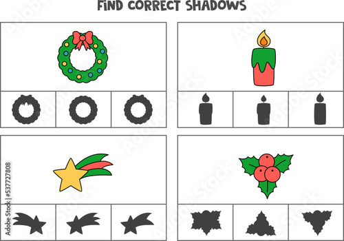 Find correct shadow of Christmas items. Printable clip card games for children.