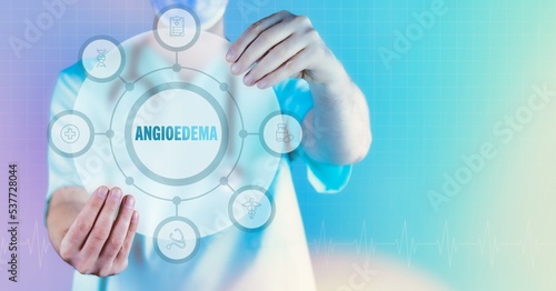 Angioedema. Medicine in the future. Doctor holds virtual interface with text and icons in circle.