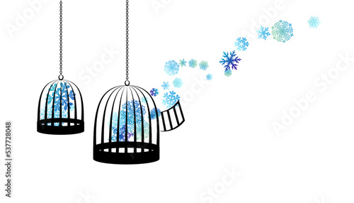 Birdcages with flying up snowflakes.