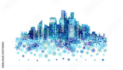 City scape with flying down snowflakes.
