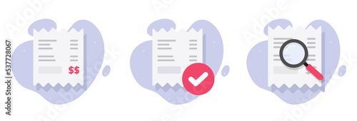 Receipt bill tax invoice vector graphic set or order completed check mark tick and verified fraud passed inspection flat modern design illustration, money cash transaction paper image clipart