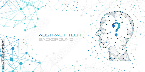 Technological abstract background in low poly style. Scientific banner with human head silhouette with question sign and molecules texture.