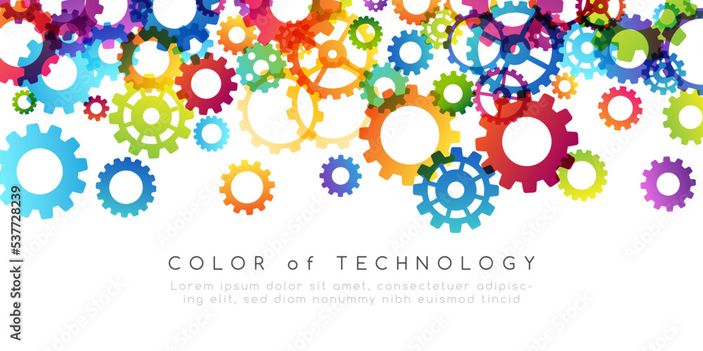 Technology abstract background from rainbow gearwheels composition. Horizontal top border for teamwork, industrial, communication or automation conceptual design.