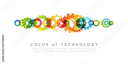 Technology abstract background from rainbow gearwheels composition. Horizontal border for teamwork, industrial, communication or automation conceptual design.