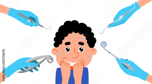 The boy is afraid of the dentist. A frightened patient is a child experiencing a panic attack in the office of a dental clinic. Vector cartoon illustration in a flat style.