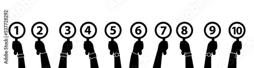 Hands holding up cards with ranking numbers. Conceptual vector illustration of jury competition, tournament or voting