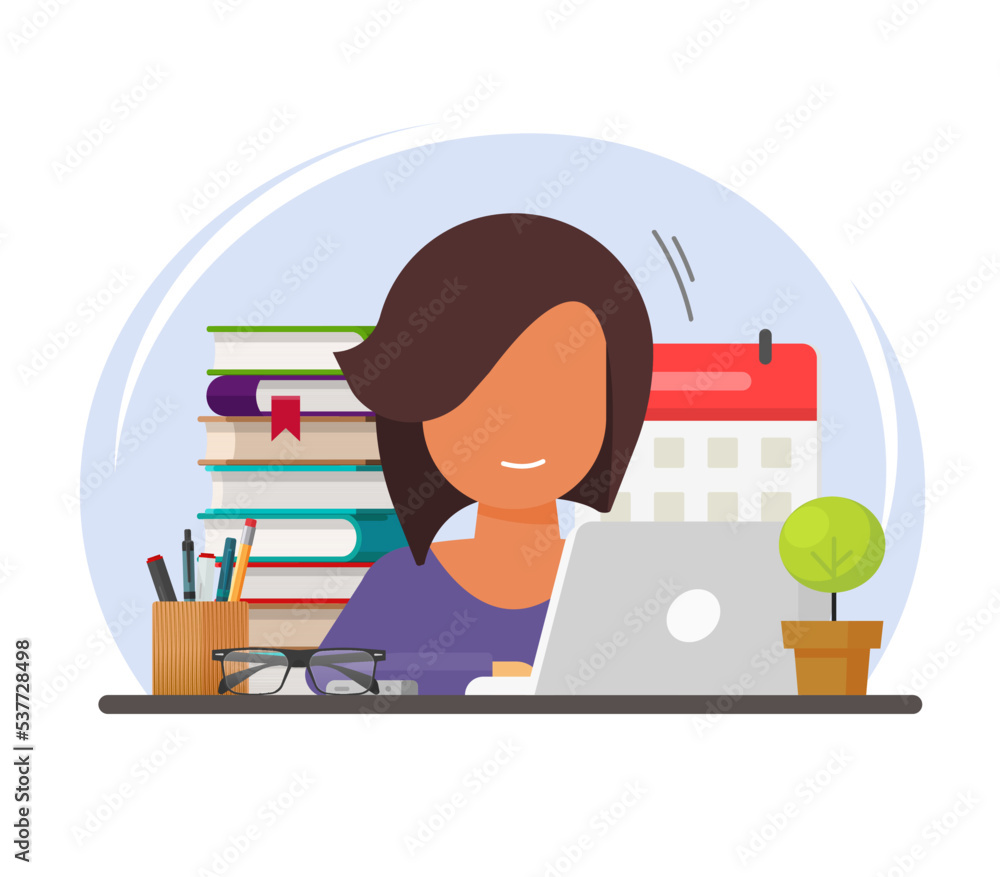 Study learning woman online on computer laptop or remote distance school working on pc table desk front flat cartoon graphic illustration, college or university education idea, business office image Study learning woman online on computer laptop or remote distance school working on pc table desk front flat cartoon graphic illustration, college or university education idea, business office image