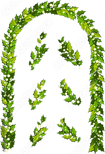 Christmas decorations with holly leaves and white berries. Vertical arch with design elements