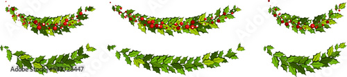 Christmas decorations with holly leaves and red berries. Horizontal arch garland © KsanaGraphica