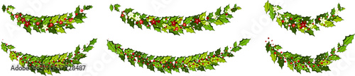 Christmas decorations with red and white poinsettia flowers and holly leaves and red berries with snow.  Horizontal arch garland