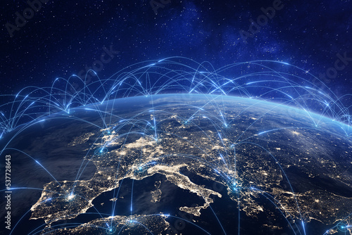 Communication technology with global internet network connected in Europe. Telecommunication and data transfer european connection links. IoT, finance, business, blockchain, security. #537728643