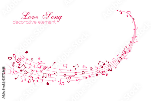 Hearts and notes on the horizontal swirl. Love music decoration element isolated on the white background.