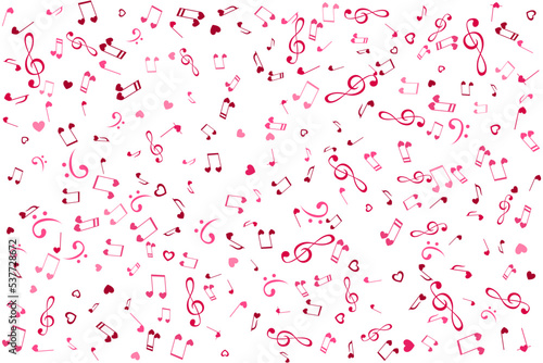 Notesand hearts. Randomly pattern. Love Music decoration element isolated on the white background.
