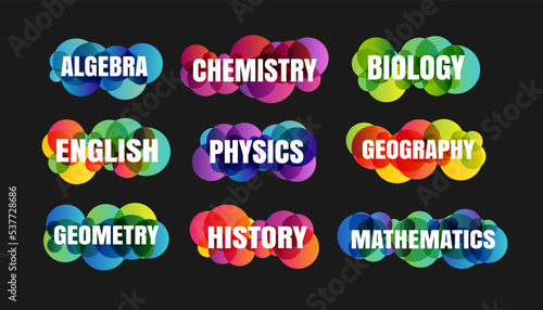 School subjects stickers collection. Algebra, history, physics, biology, chemistry, geometry, english lessons